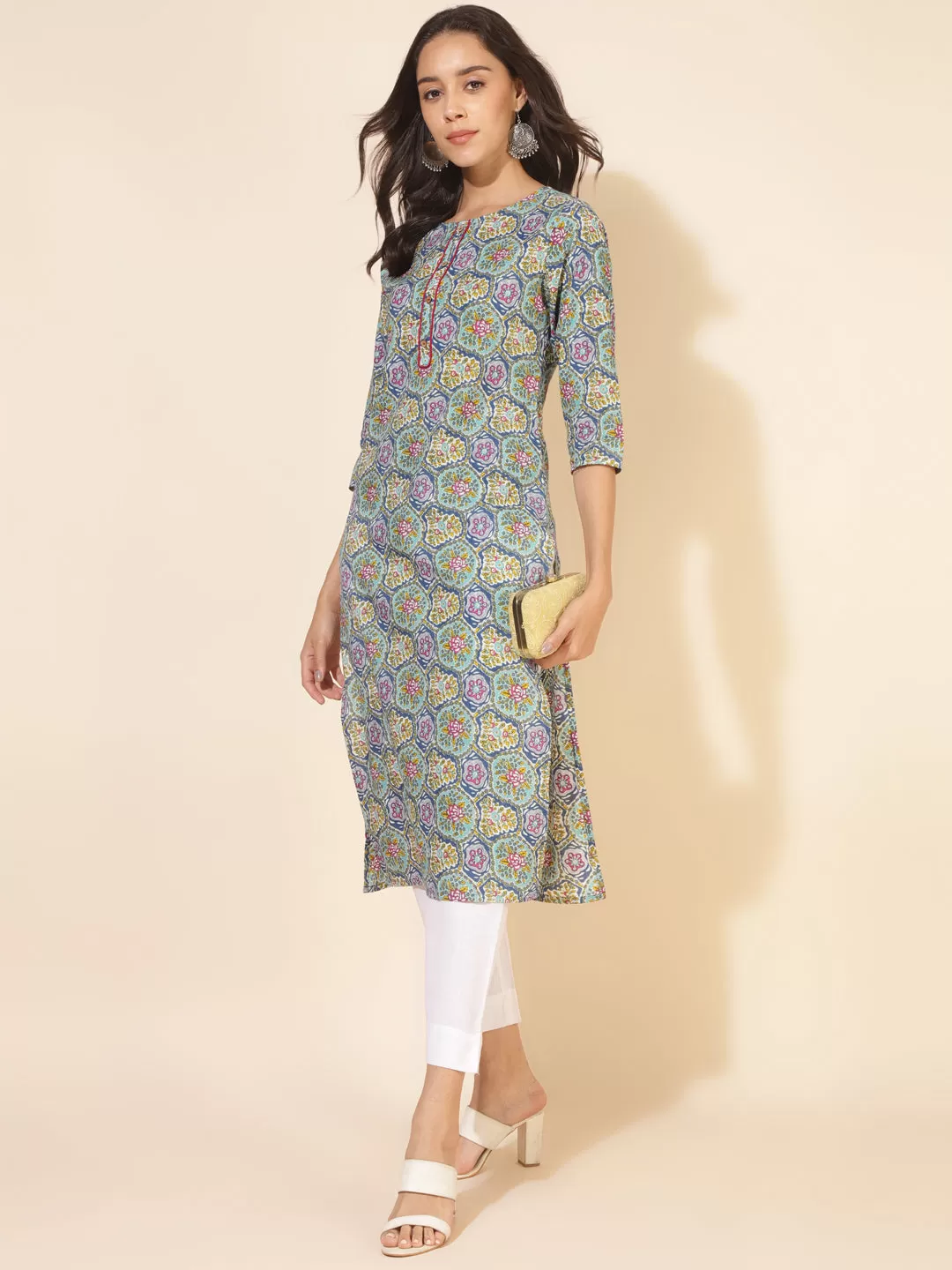 Multicolor Cotton Printed Straight Kurta