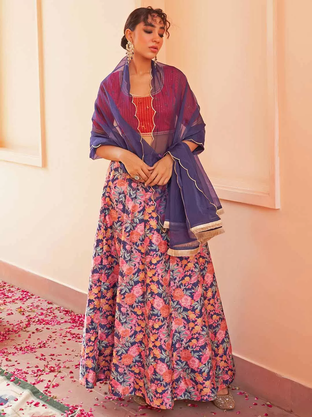 Multicolor Crepe Silk Digital Floral Printed Lehenga Choli Dupatta