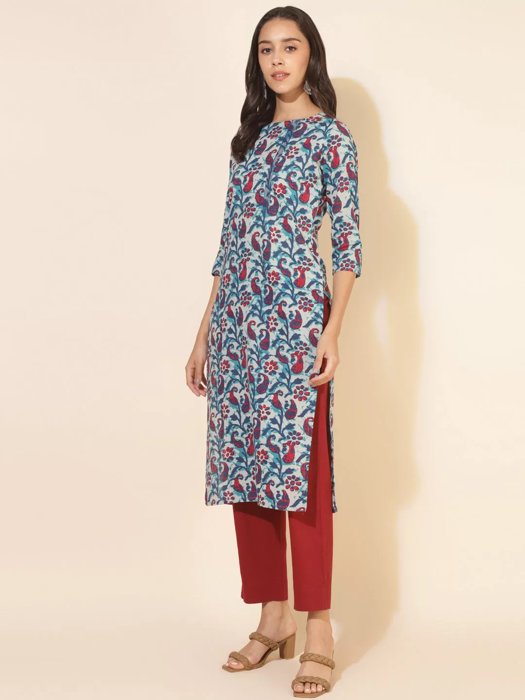 Multicolour Cotton Paisley Regular Kurta