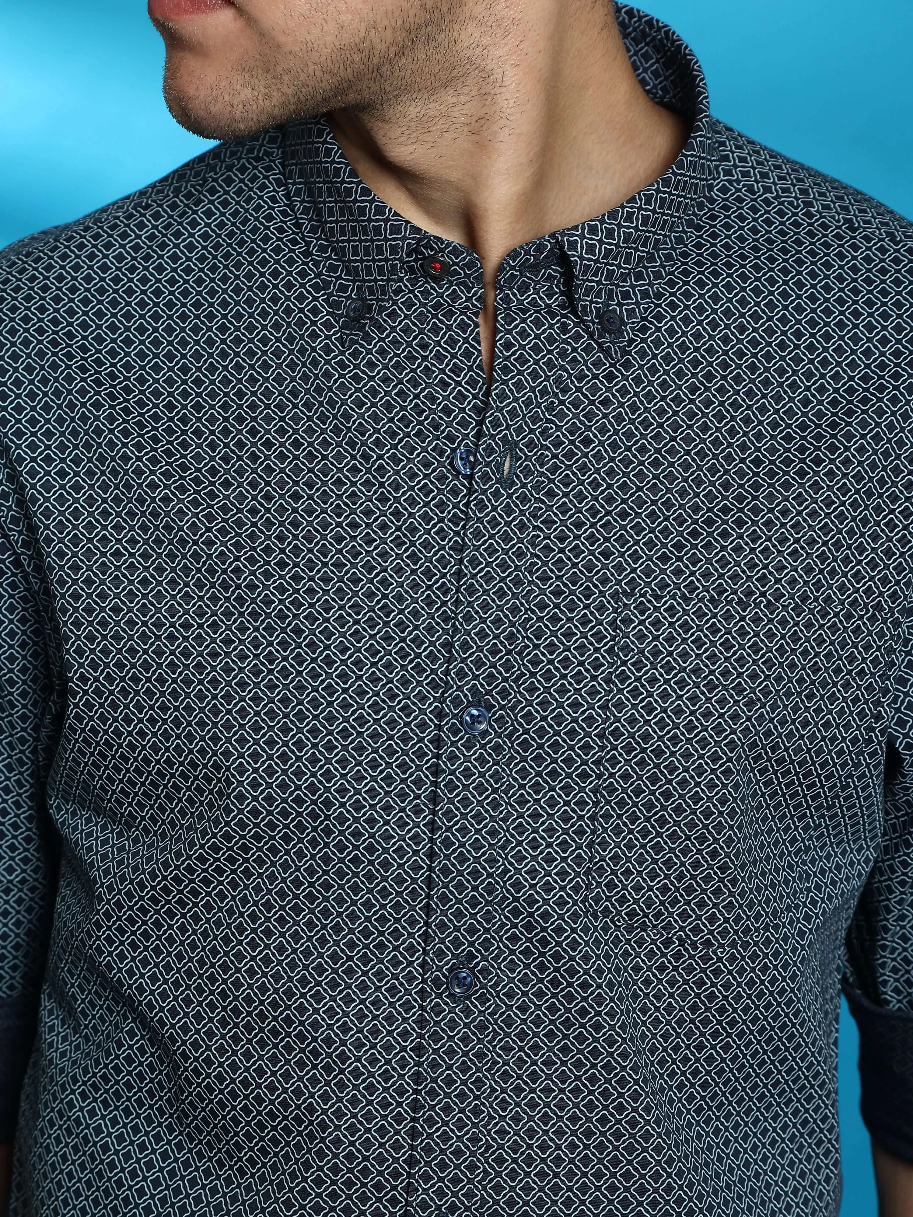 Mystery Blue Casual Printed Full Sleeve Shirt