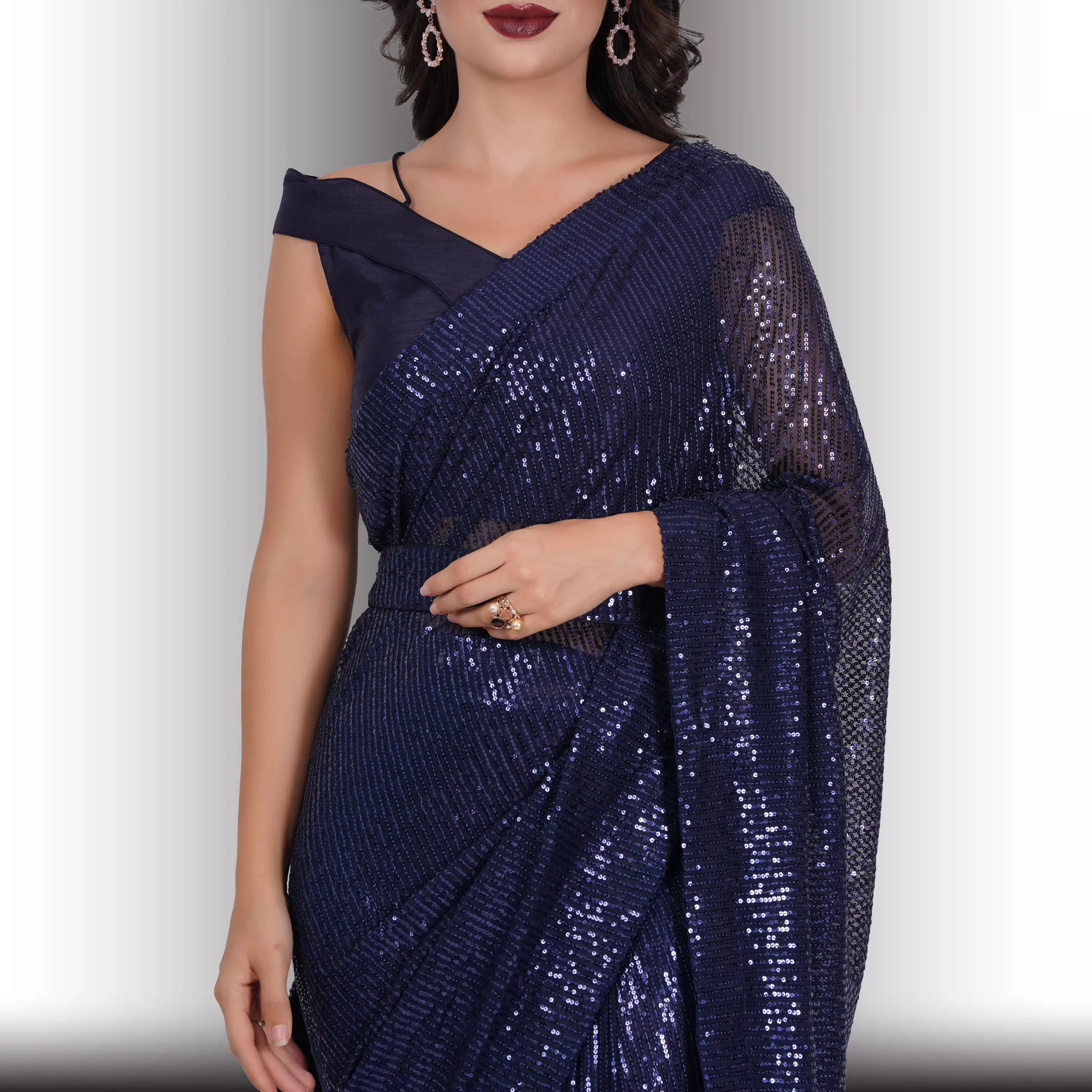 One Minute Sequin Saree - Navy Blue