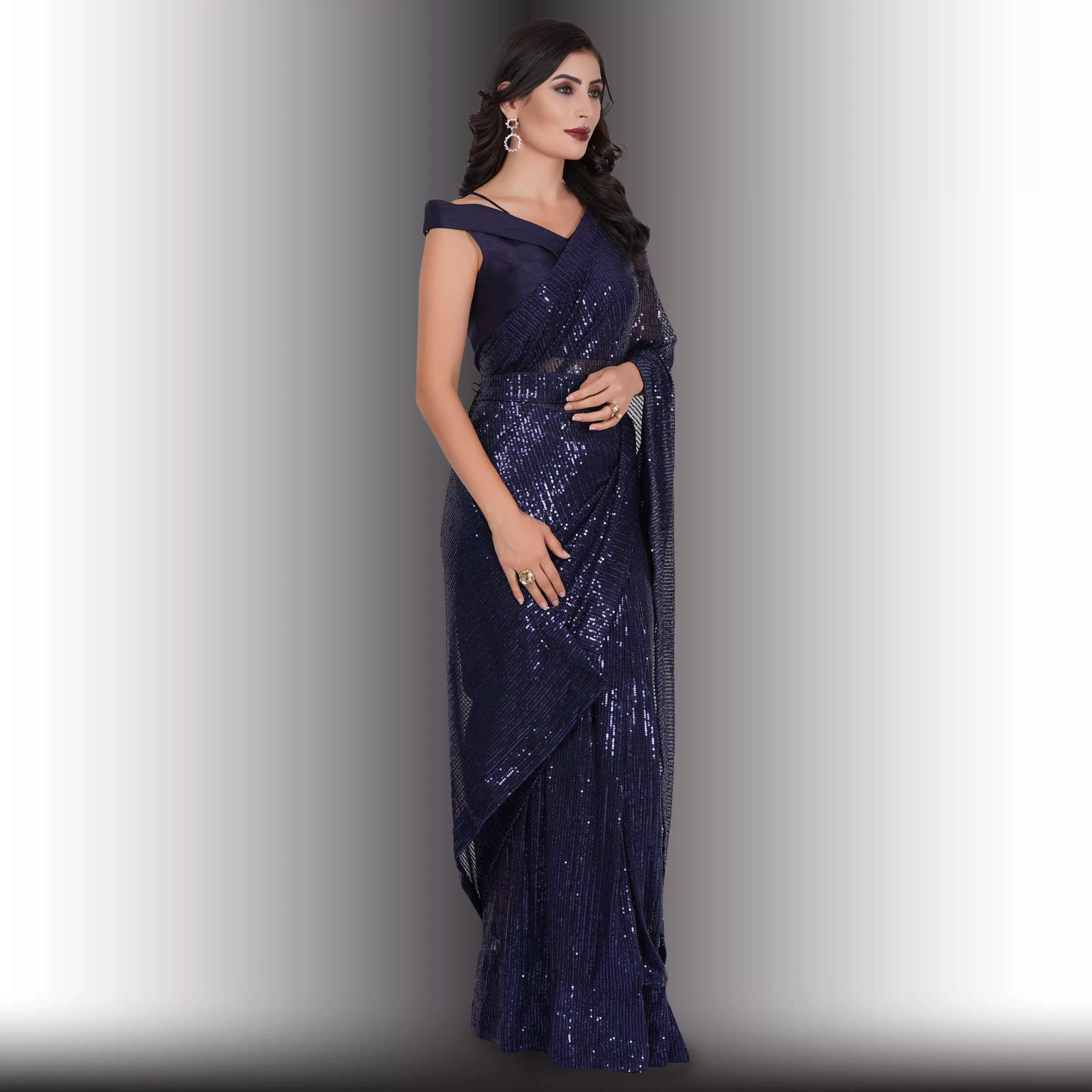 One Minute Sequin Saree - Navy Blue