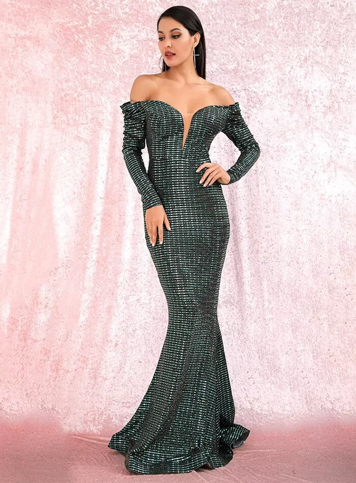 Open Shoulder Sequins Long Sleeve Maxi Dress