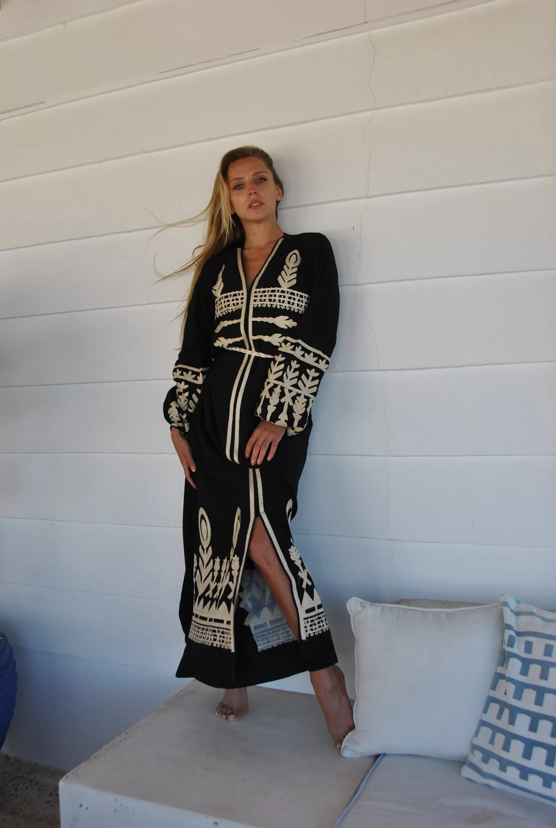 Open slit Black cotton Kaftan with belt, embroidered long sleeve Kaftan, Caftan maxi dress, Caftans for women, cotton caftan, caftans