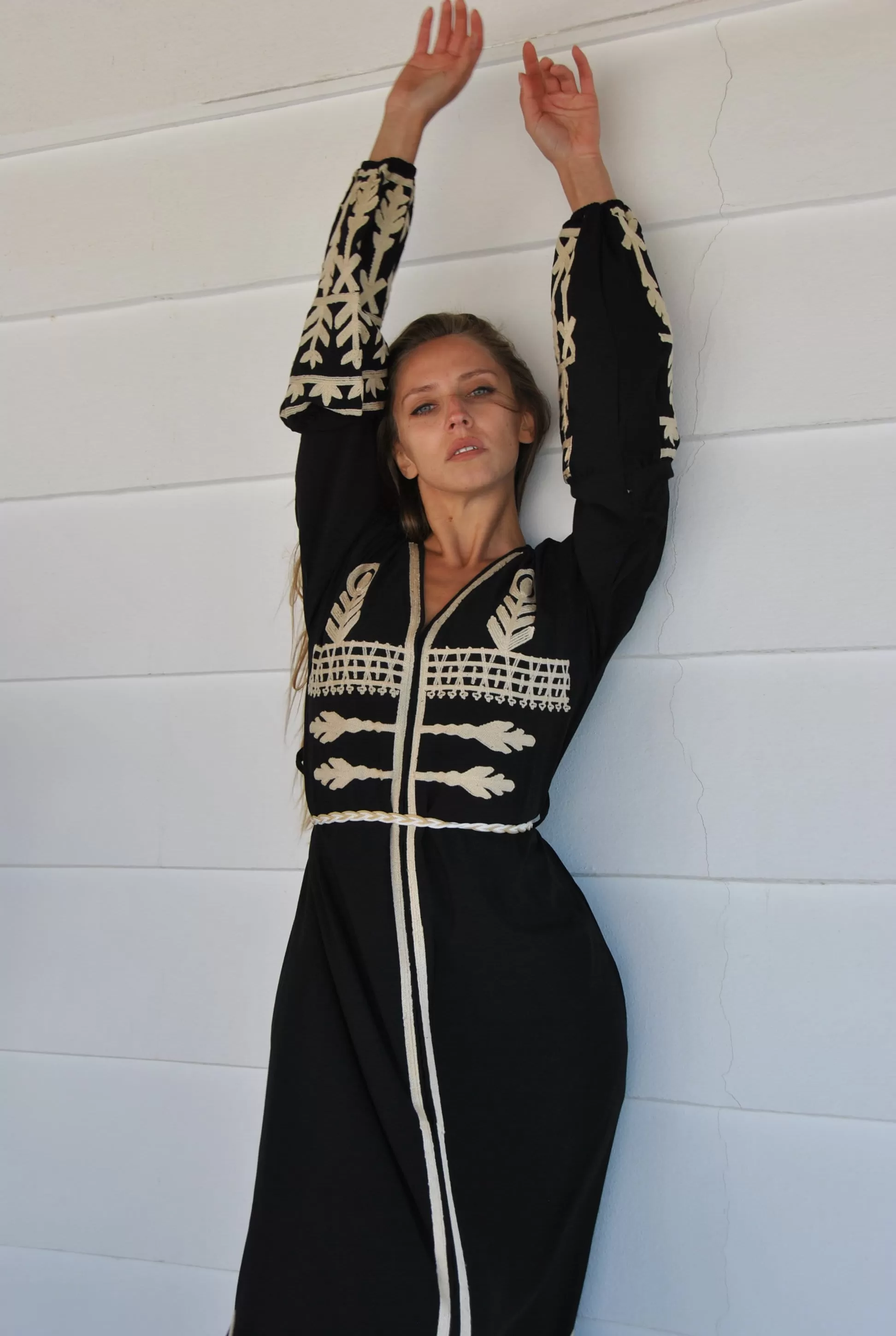 Open slit Black cotton Kaftan with belt, embroidered long sleeve Kaftan, Caftan maxi dress, Caftans for women, cotton caftan, caftans