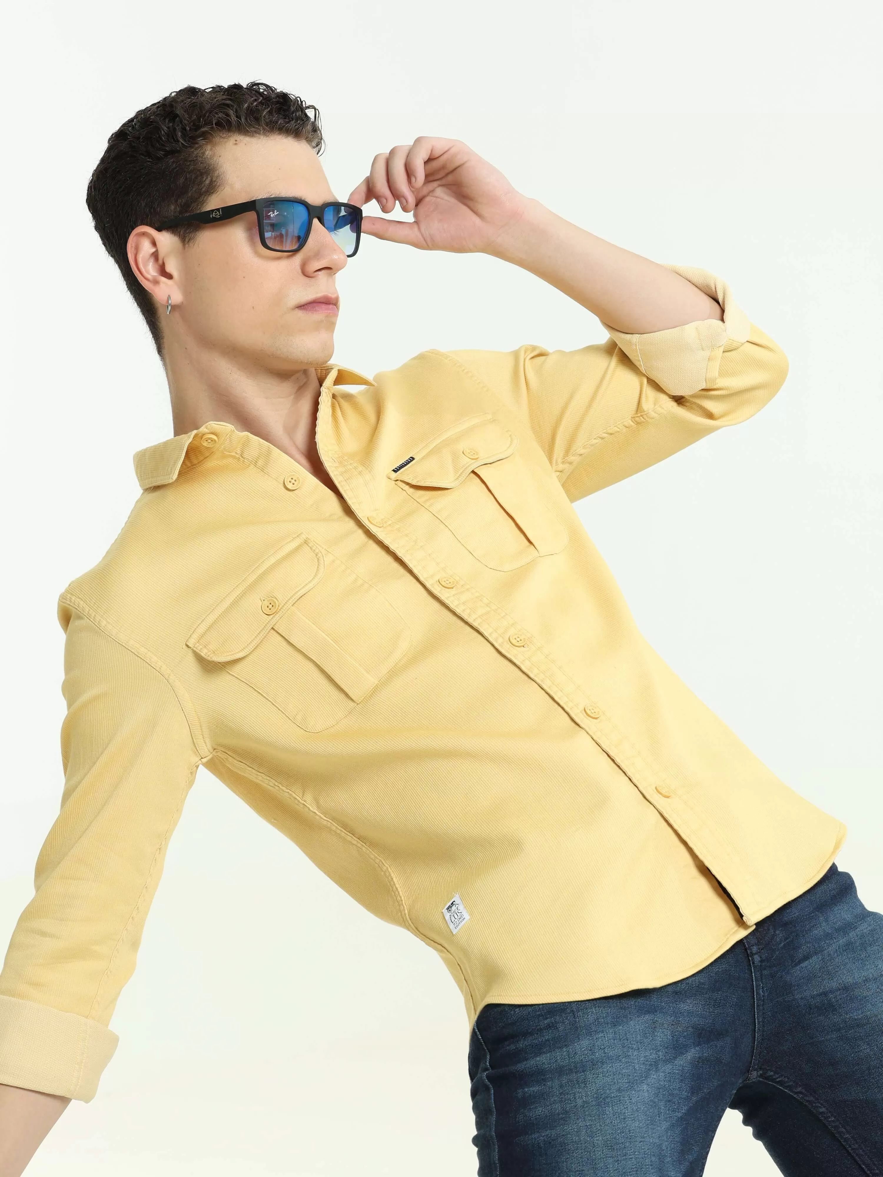 Pastel yellow solid double pocket shirt