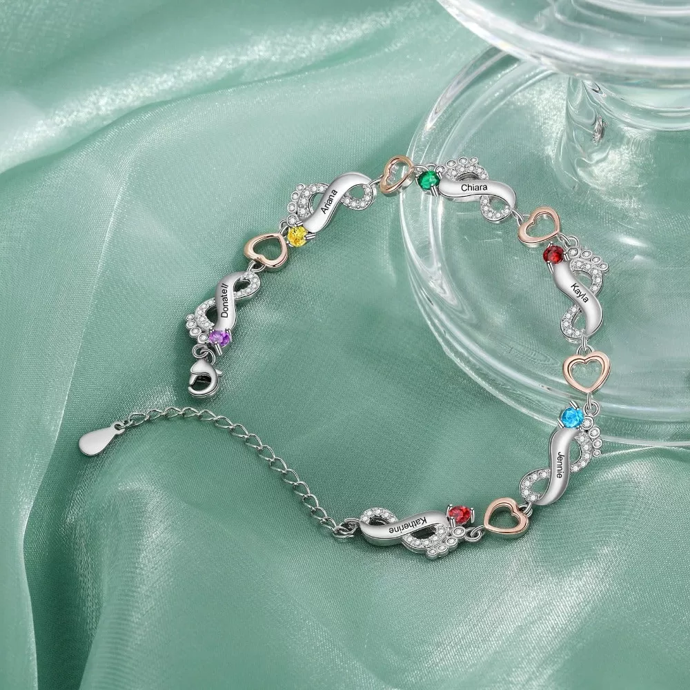 Personalized 6 Name And 6 Birthstone Baby Foot Bracelet