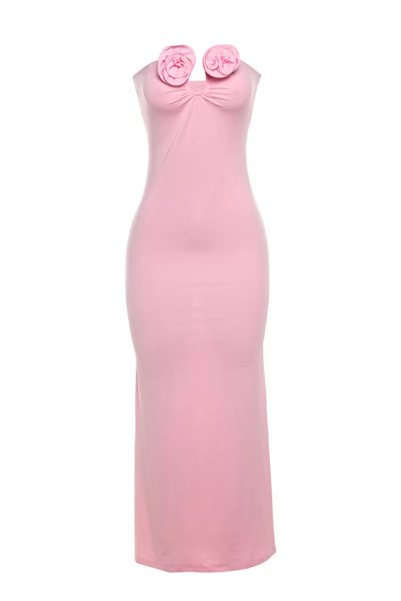 Pink Rose Design Strapless Maxi Bodycon Dress