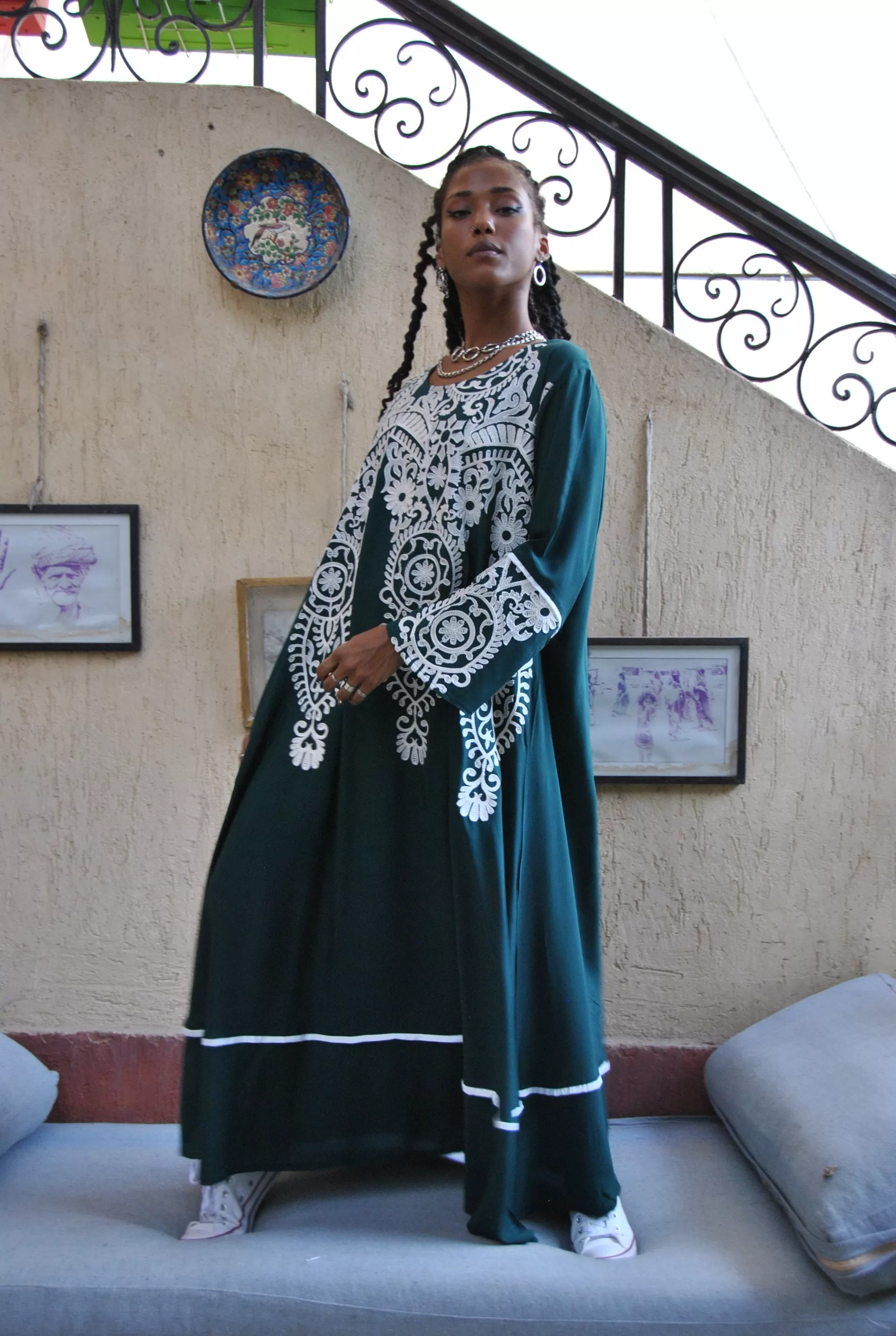 Plus size Green Fall/Winter Kaftan, Long sleeve house dress, Plus size Moroccan Kaftan, embroidered cotton caftan, Long sleeve Caftan