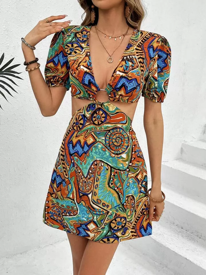 Printed hollow out waist dress in multi