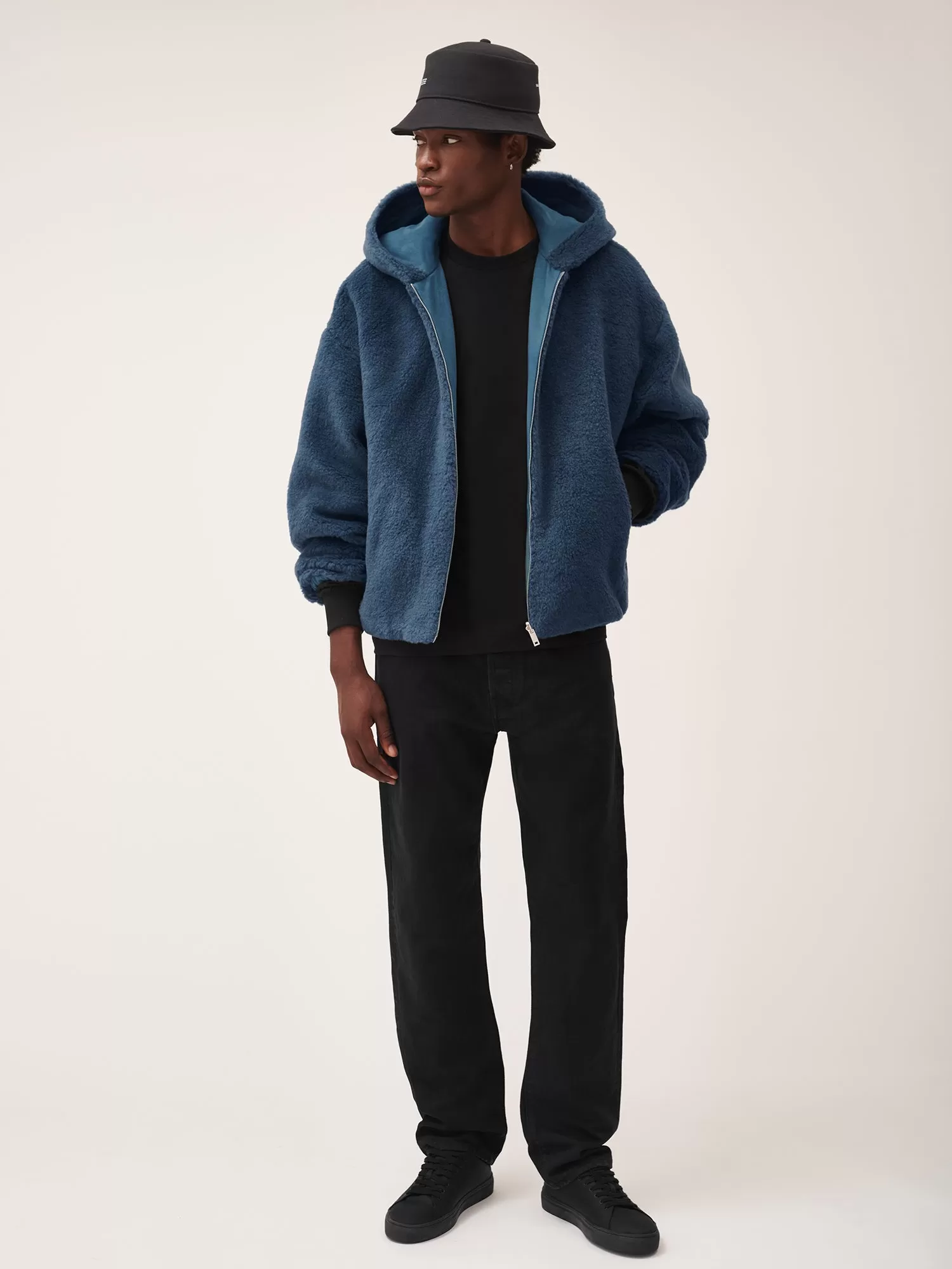 Recycled Wool Fleece Reversible Bomber Jacket—storm blue