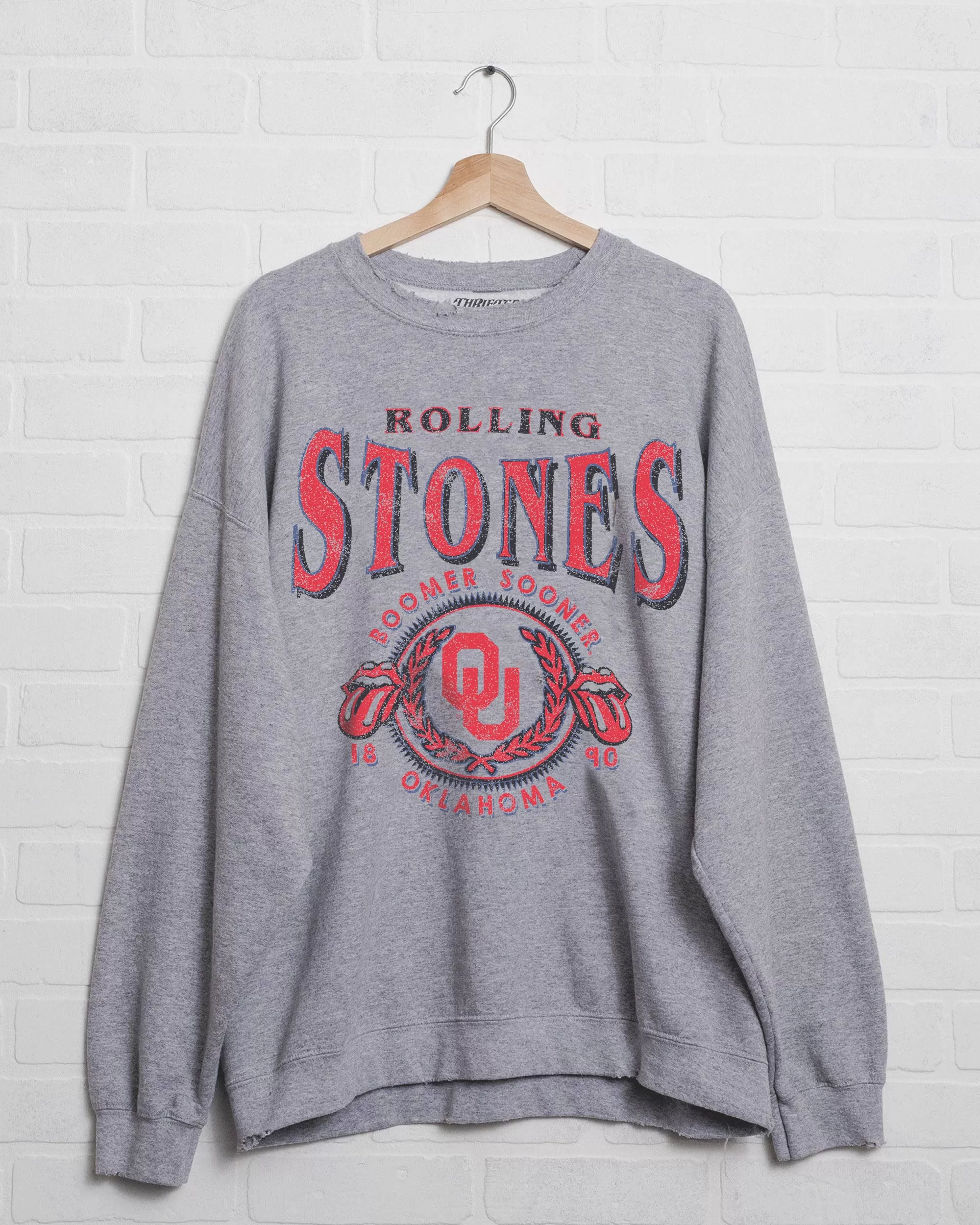 Rolling Stones OU College Seal Gray Thrifted Sweatshirt