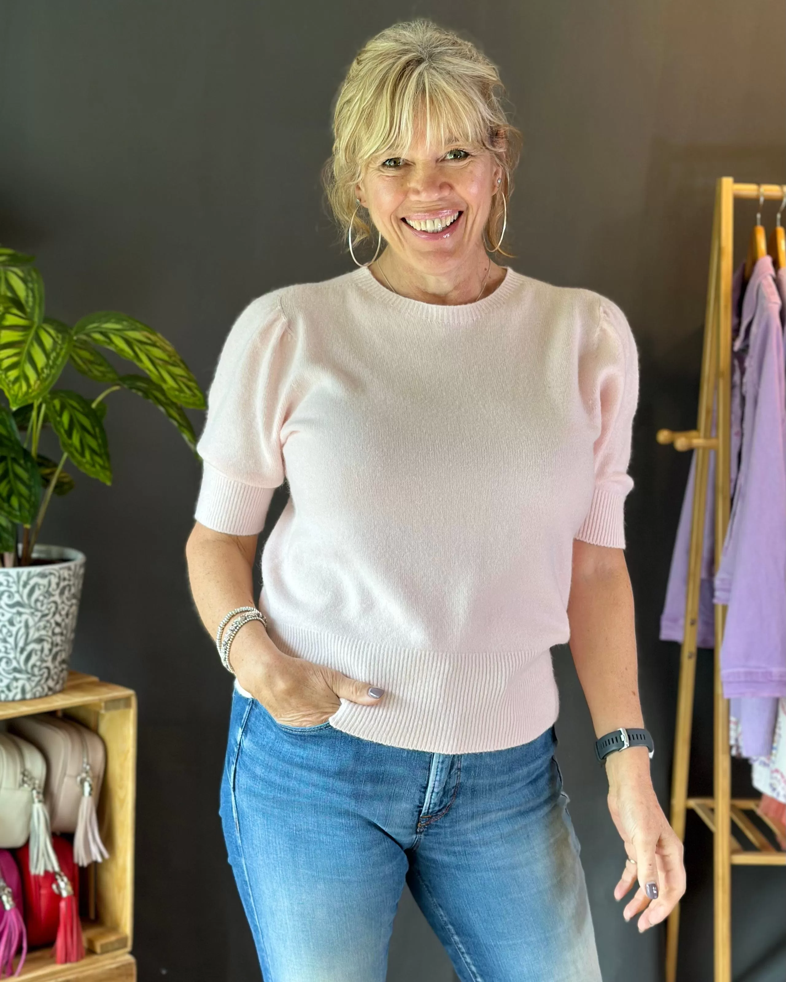 Round Neck Short Sleeve Jumper - Pale Pink