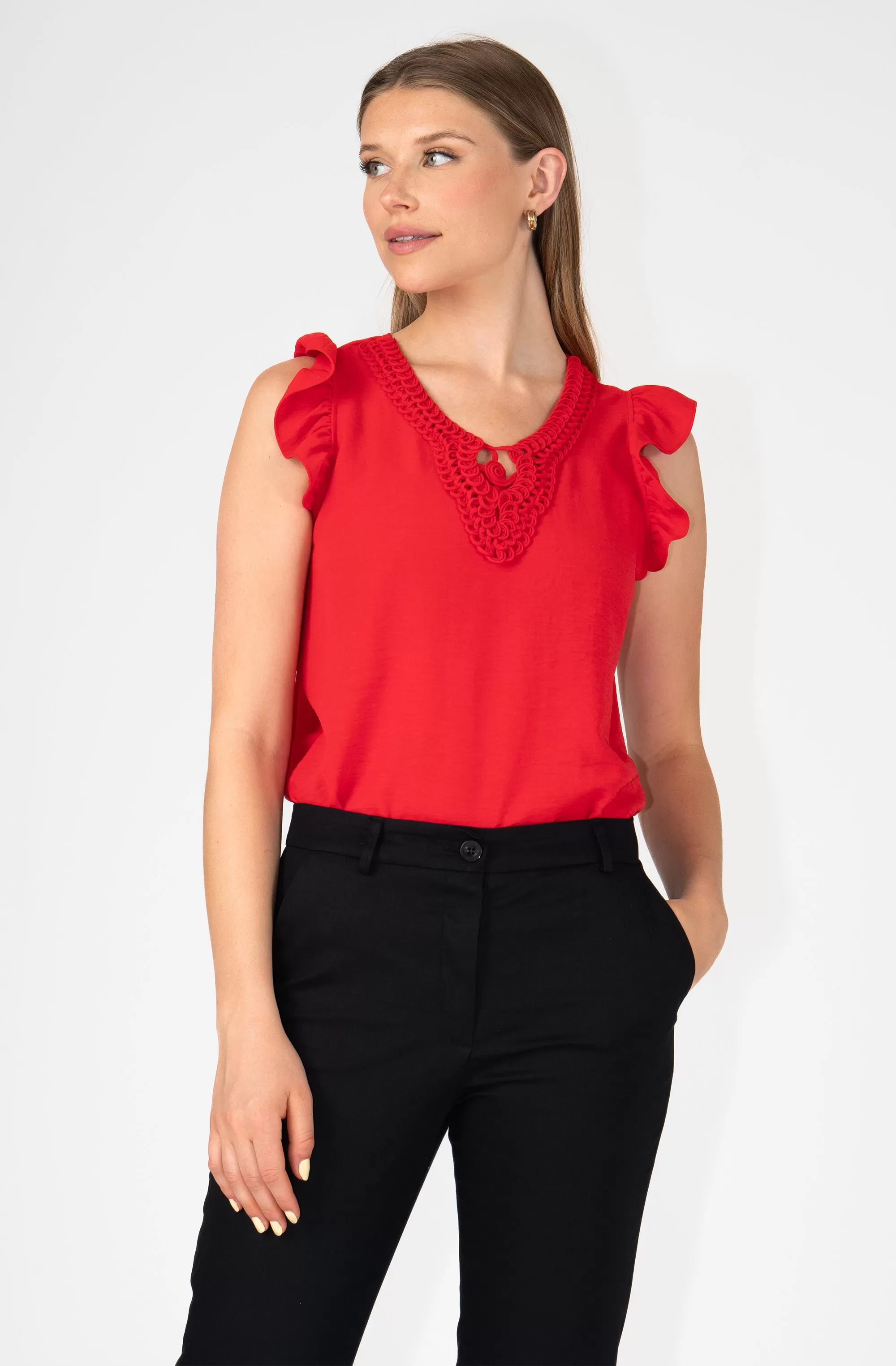 Ruffle Blouse with Crochet Neckline