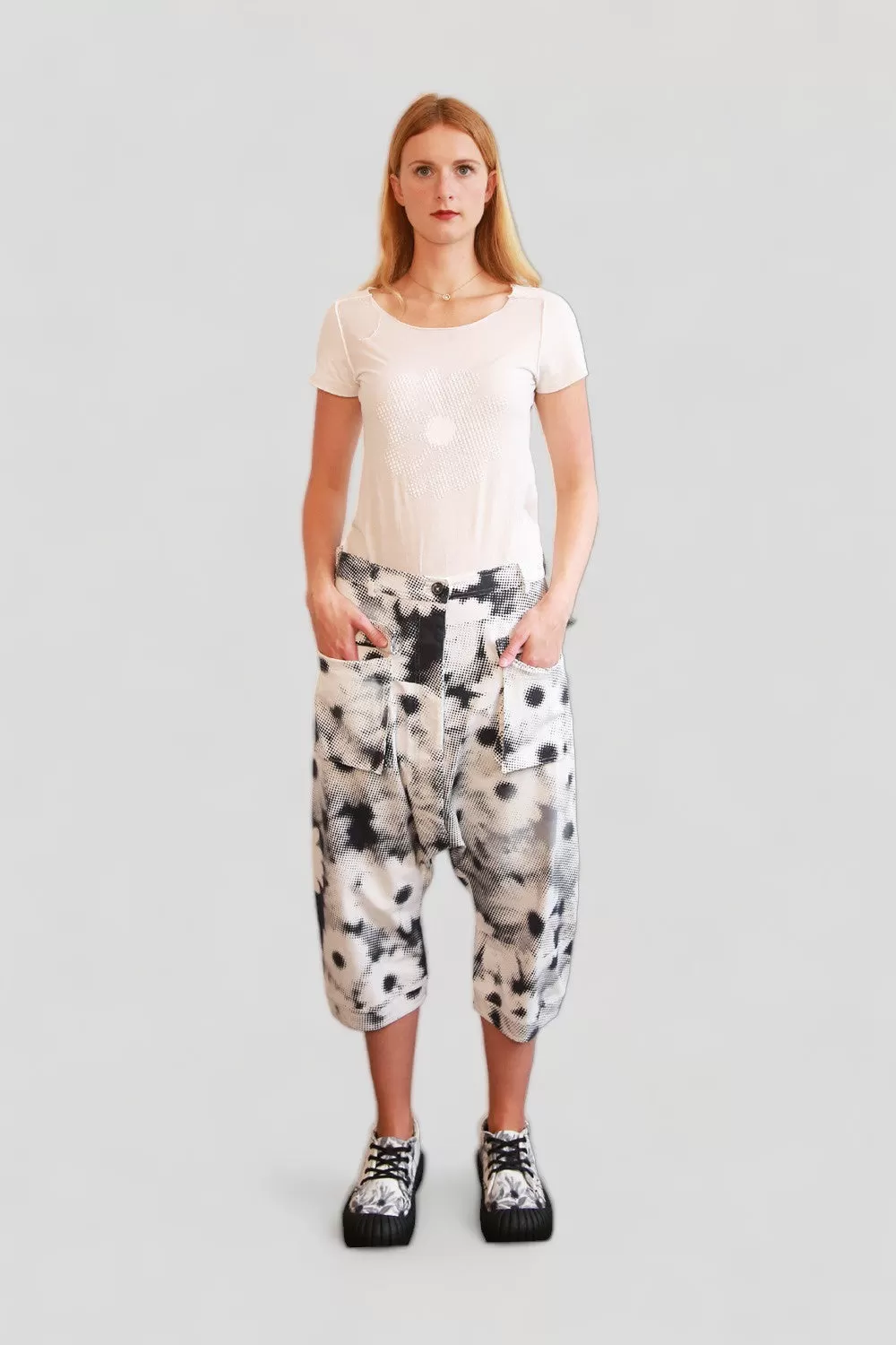 RUNDHOLZ DIP WHITE DROP CROTCH PANT WITH BLACK & GREY DOT IMPRINT