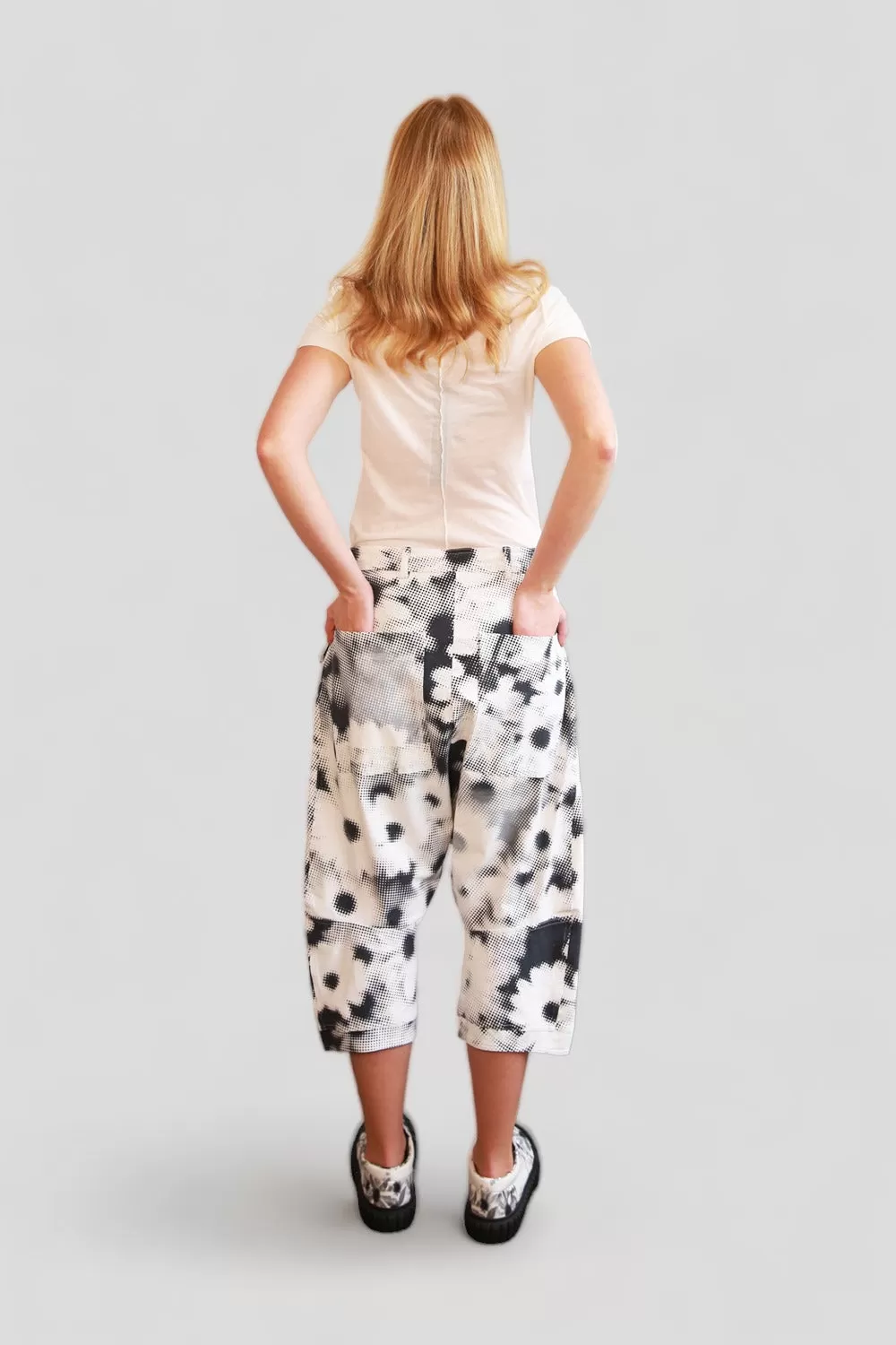 RUNDHOLZ DIP WHITE DROP CROTCH PANT WITH BLACK & GREY DOT IMPRINT