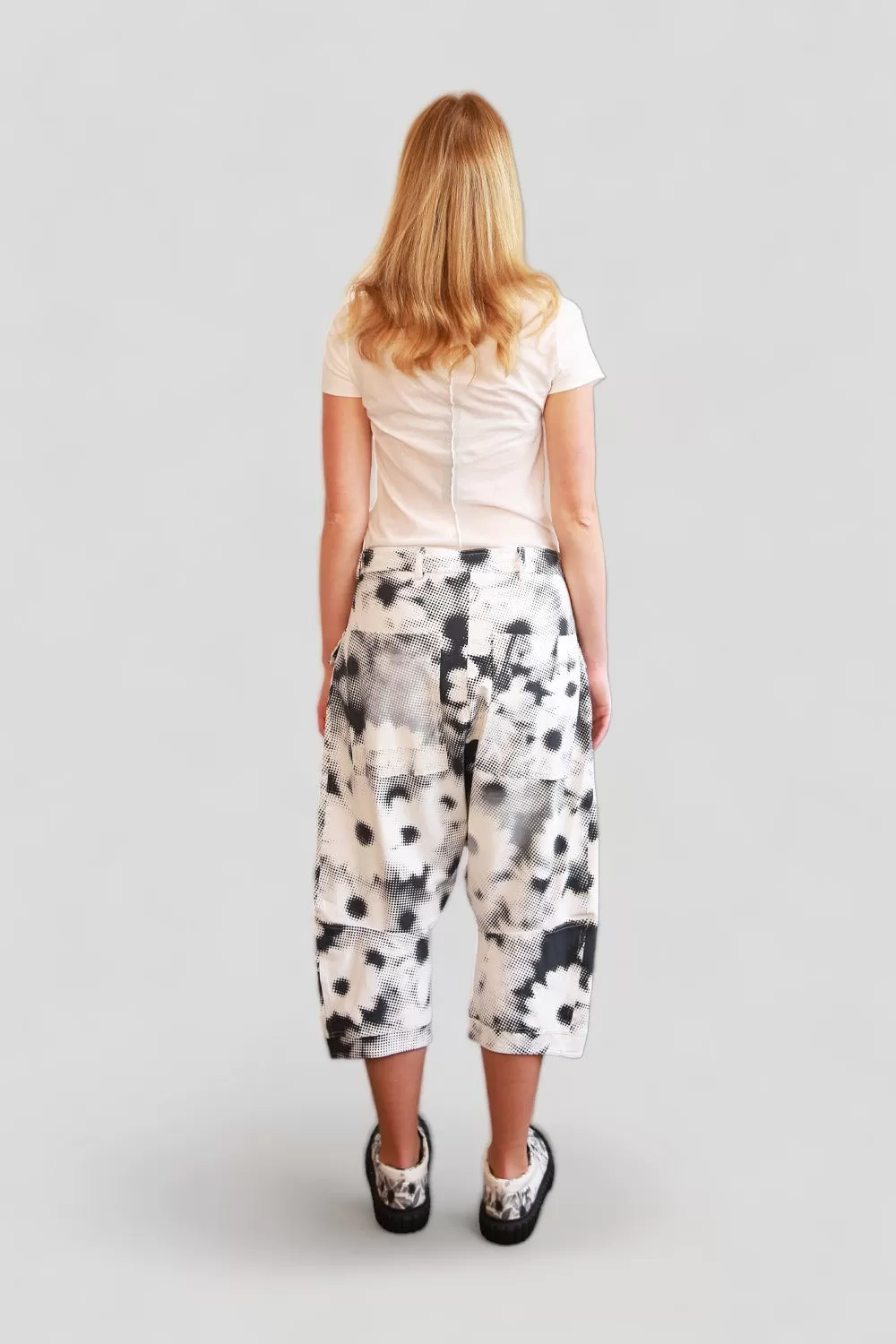 RUNDHOLZ DIP WHITE DROP CROTCH PANT WITH BLACK & GREY DOT IMPRINT