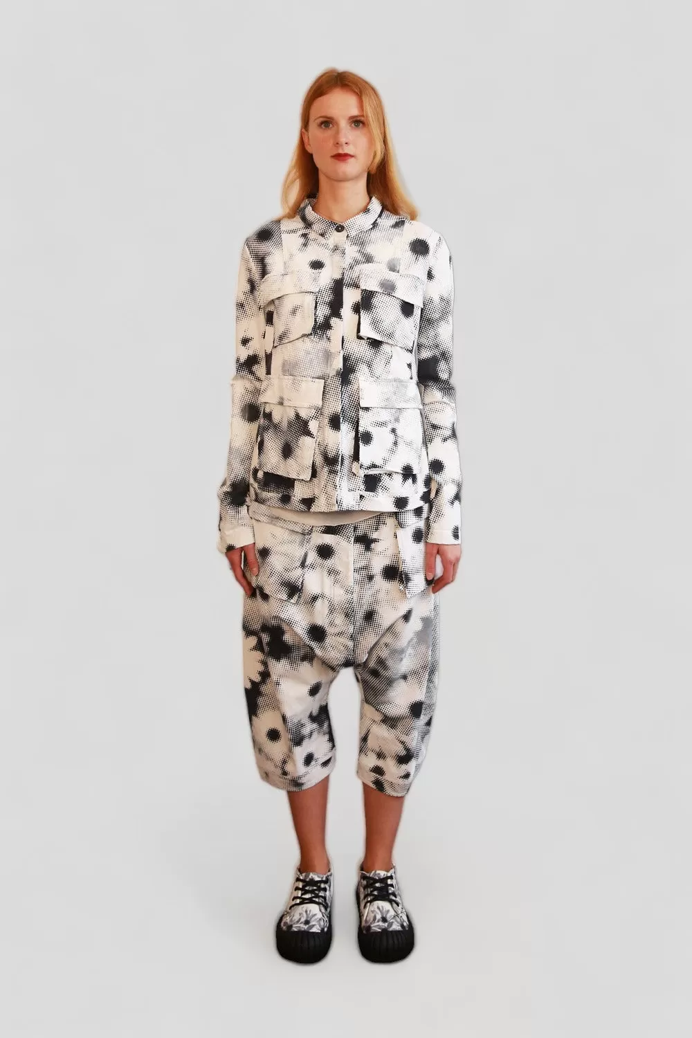 RUNDHOLZ DIP WHITE DROP CROTCH PANT WITH BLACK & GREY DOT IMPRINT