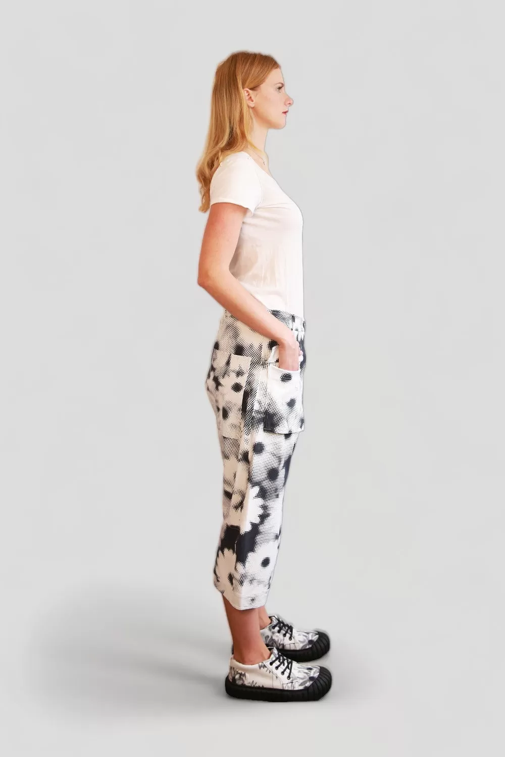 RUNDHOLZ DIP WHITE DROP CROTCH PANT WITH BLACK & GREY DOT IMPRINT