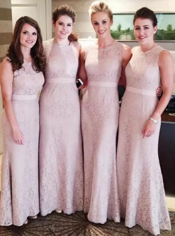 Sheath Round Neck Floor-Length Pink Lace Bridesmaid Dress