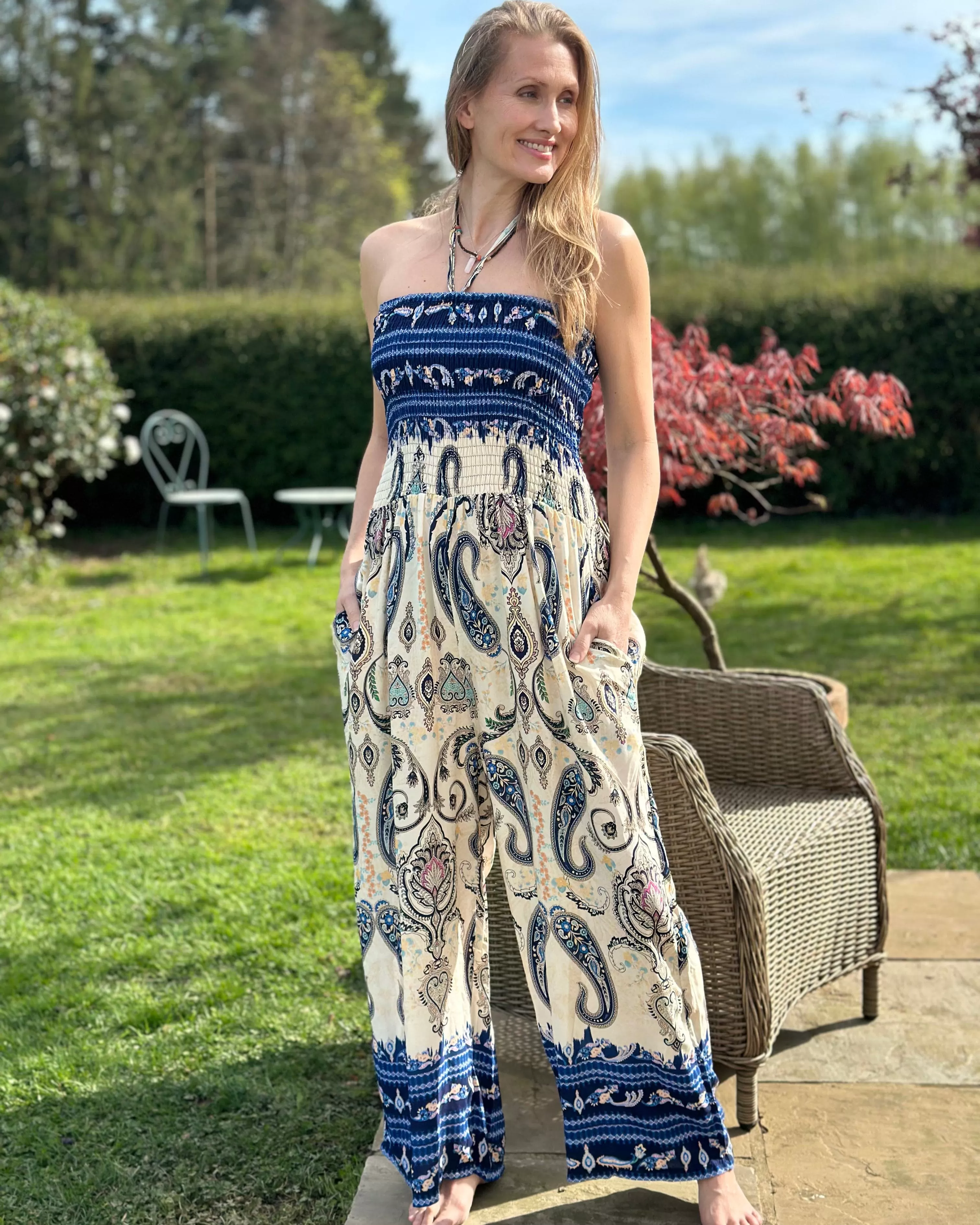 Shirred Bandeau Bodice Print Jumpsuit - Navy