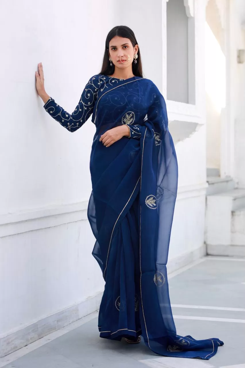 Shreeja navy blue silk organza saree