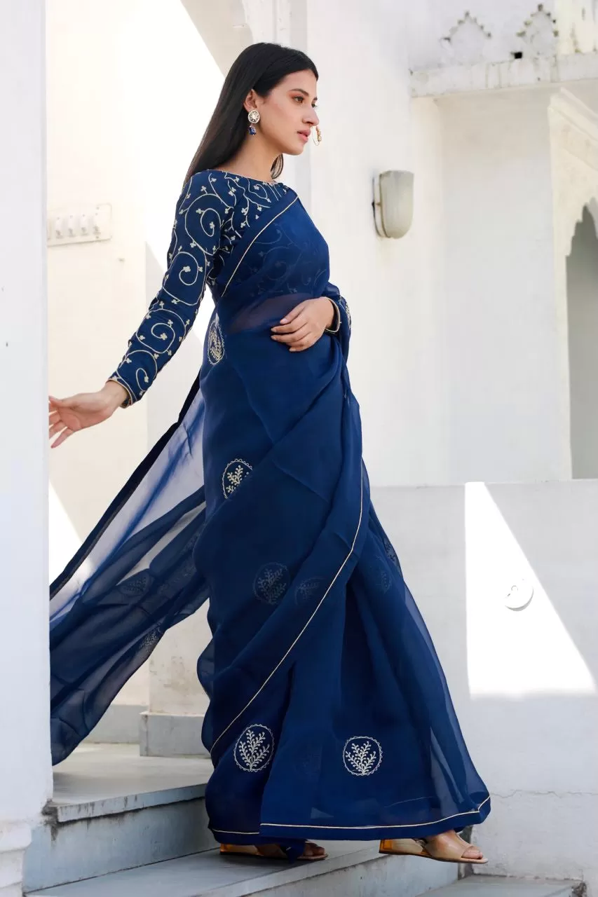 Shreeja navy blue silk organza saree