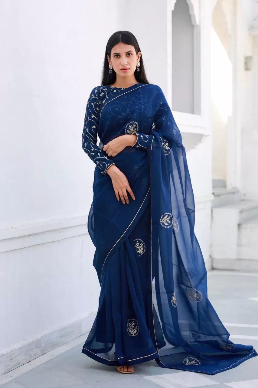 Shreeja navy blue silk organza saree