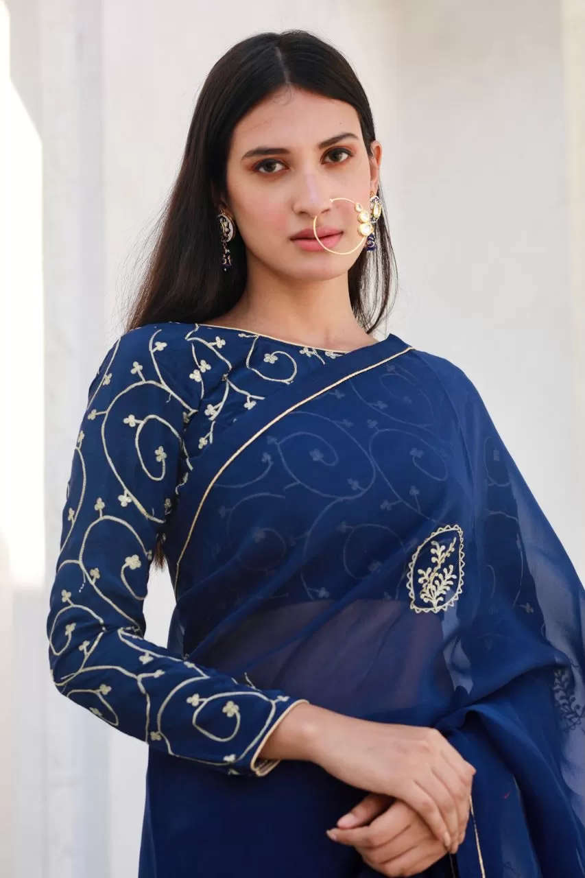 Shreeja navy blue silk organza saree