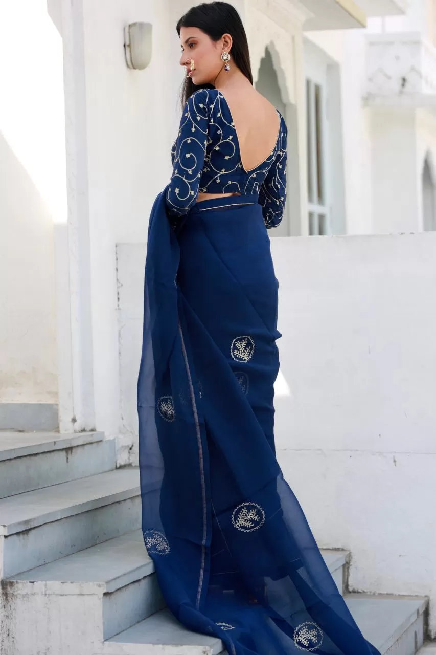 Shreeja navy blue silk organza saree