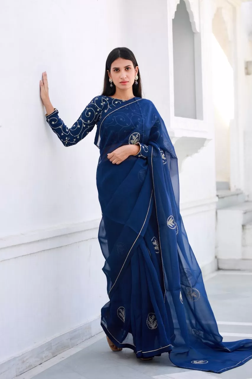 Shreeja navy blue silk organza saree