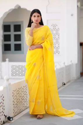 Shreeja yellow viscose silk organza saree