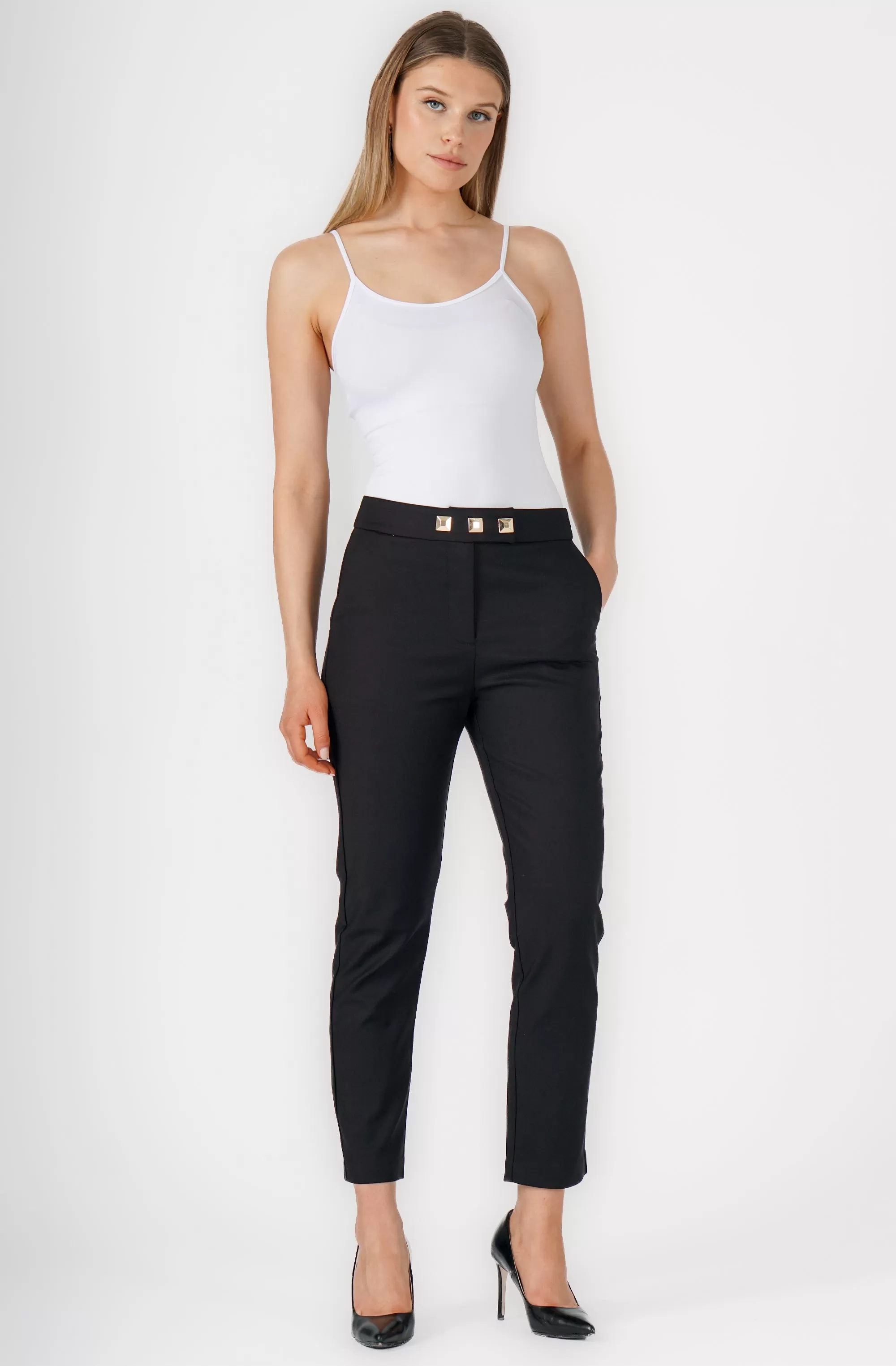 Straight Leg Pant with Embossed Square Buckle