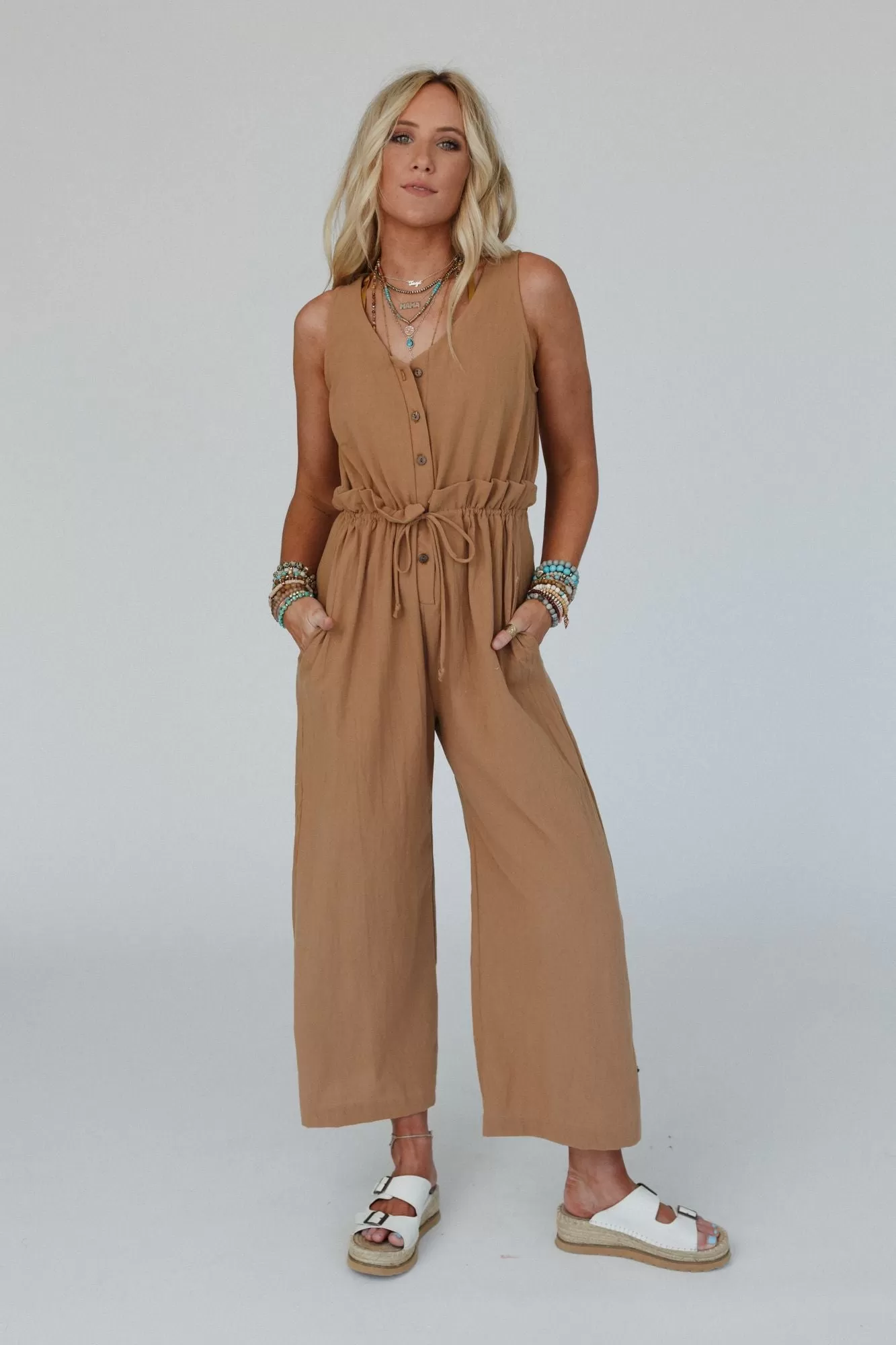 Take A Stride Solid Jumpsuit - Camel