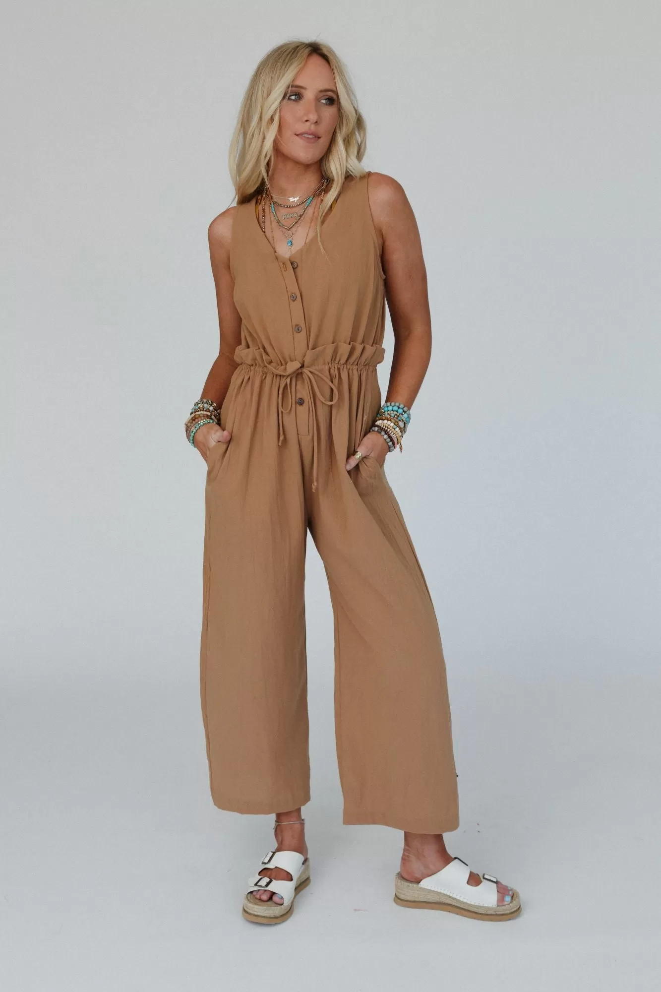 Take A Stride Solid Jumpsuit - Camel