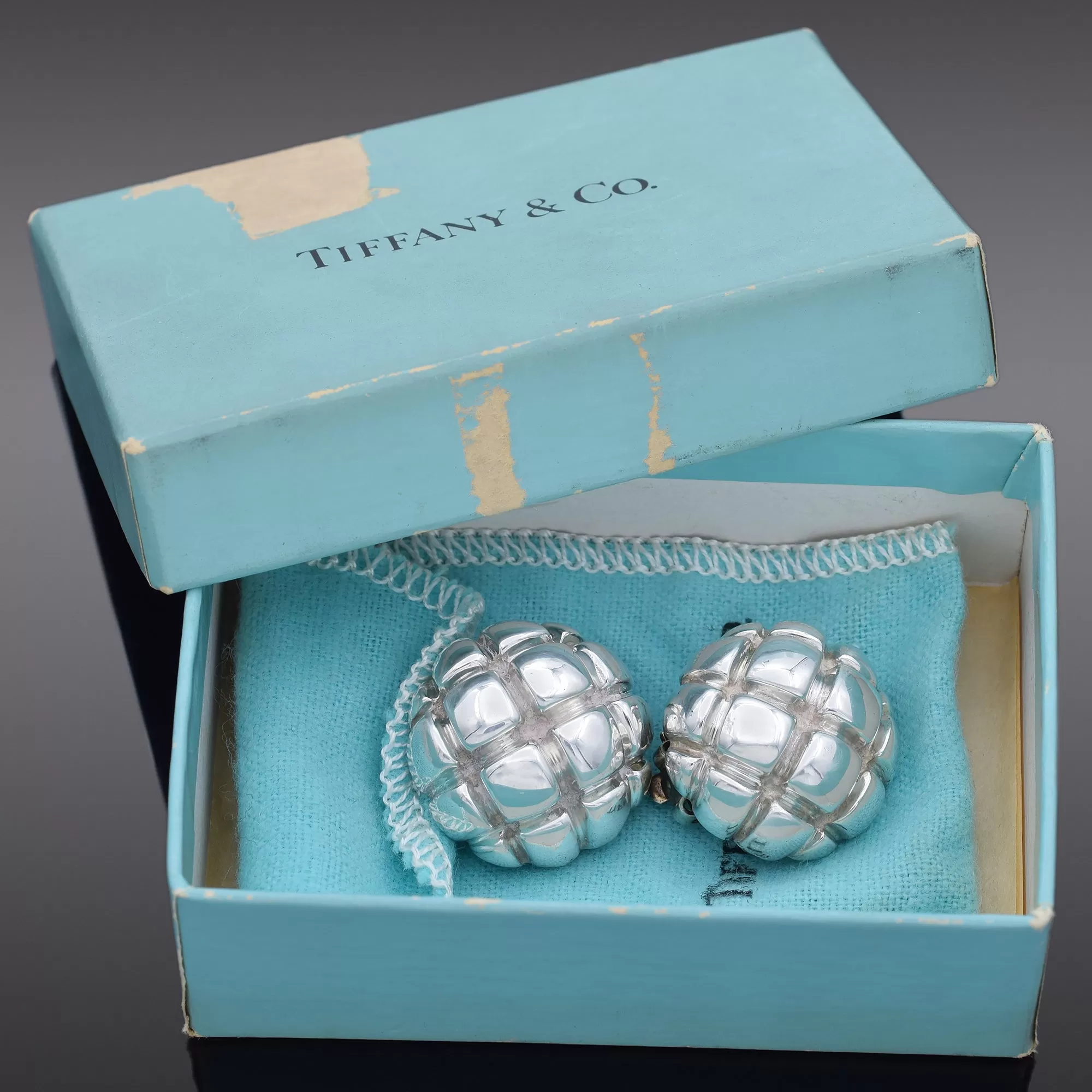 Tiffany & Co. Sterling Silver Round Basketweave Clip-On Earrings  Pouch Box