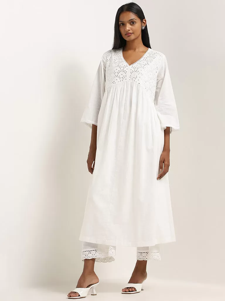 Utsa White Embroidered Cotton A-Line Kurta