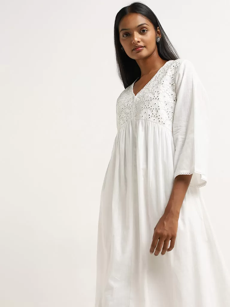 Utsa White Embroidered Cotton A-Line Kurta