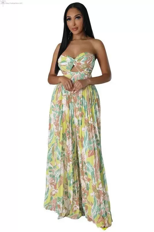 Wide Leg Pleated Jumpsuit Multicolored Green