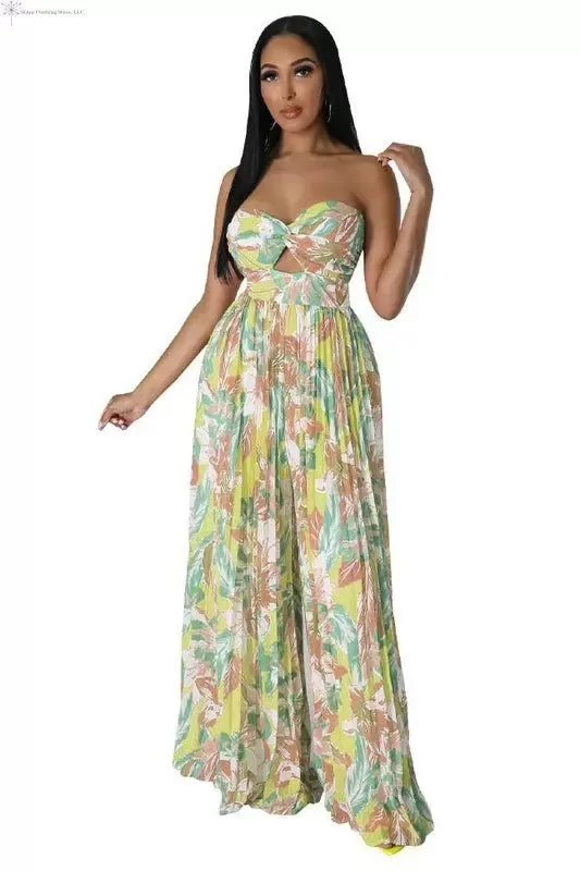 Wide Leg Pleated Jumpsuit Multicolored Green