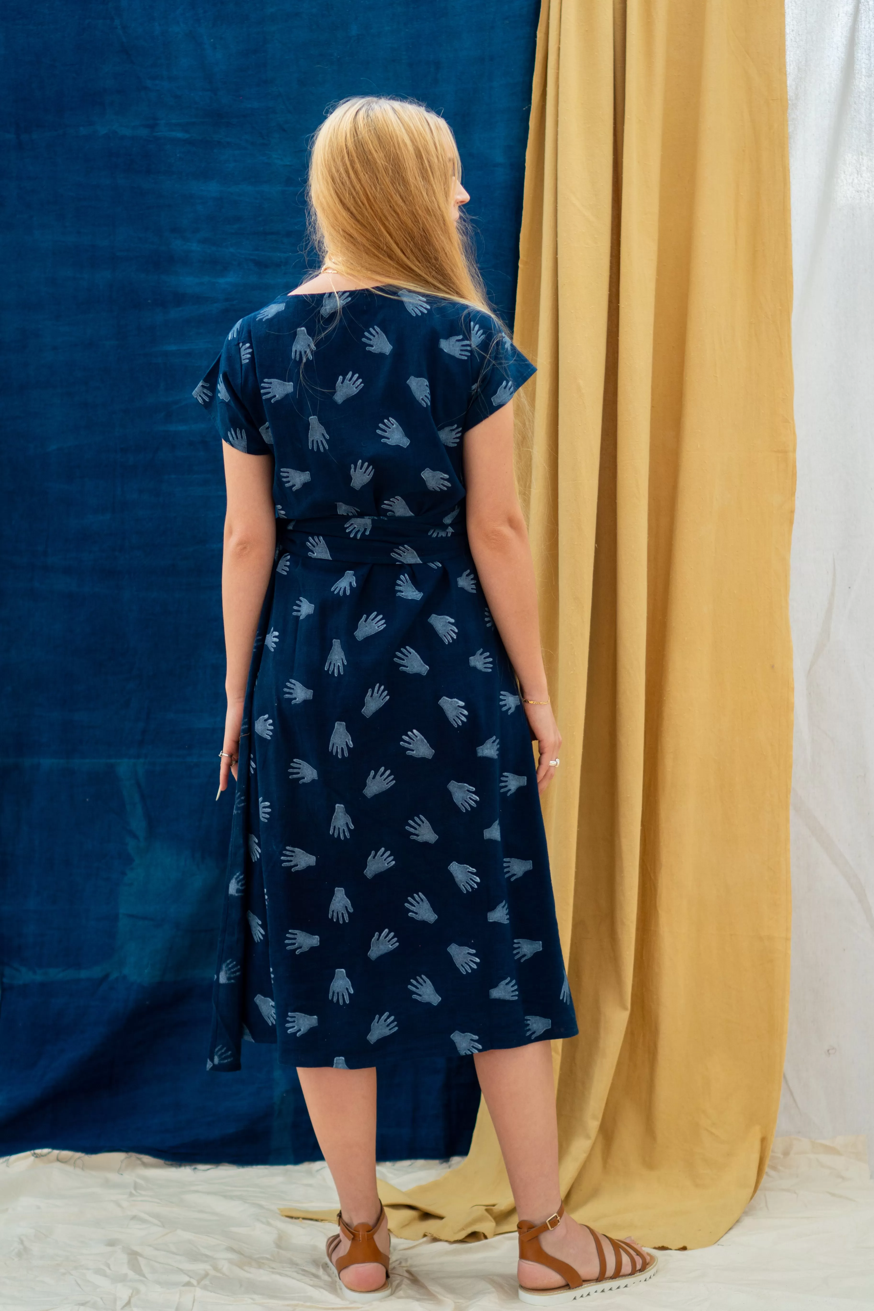 Wrap Tie Dress - Hands Print on Indigo